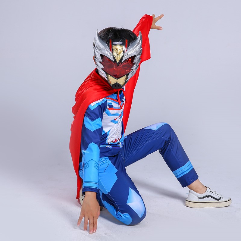 战甲铠甲勇士童装盔甲连体男cos皮套披风衣服拿瓦钢铁侠套装 红色套装