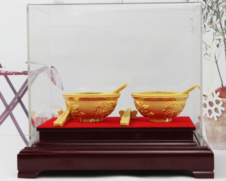 静阁轩 绒沙镀金色金碗套装金饭碗摆件送小孩满月认干女儿干儿子礼物