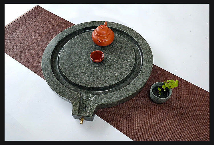 石茶盘青石 天然石材石磨茶盘圆形创意石头时来运转青石茶台复古家用