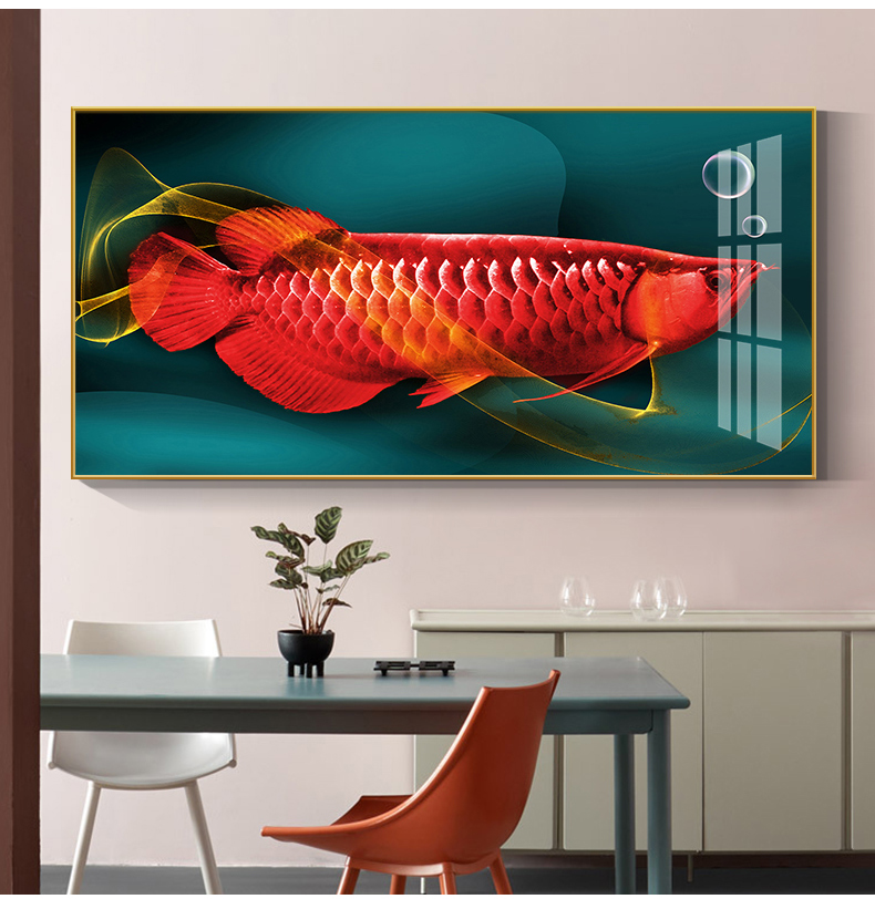 金龙鱼餐厅饭厅装饰画歺厅背景墙面壁画新中式餐桌单幅挂画招财龙鱼g