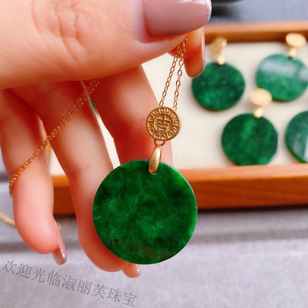 shulifu翡翠吊坠无事牌翡翠干青玉石圆形吊坠原创设计复古纯色银耳坠