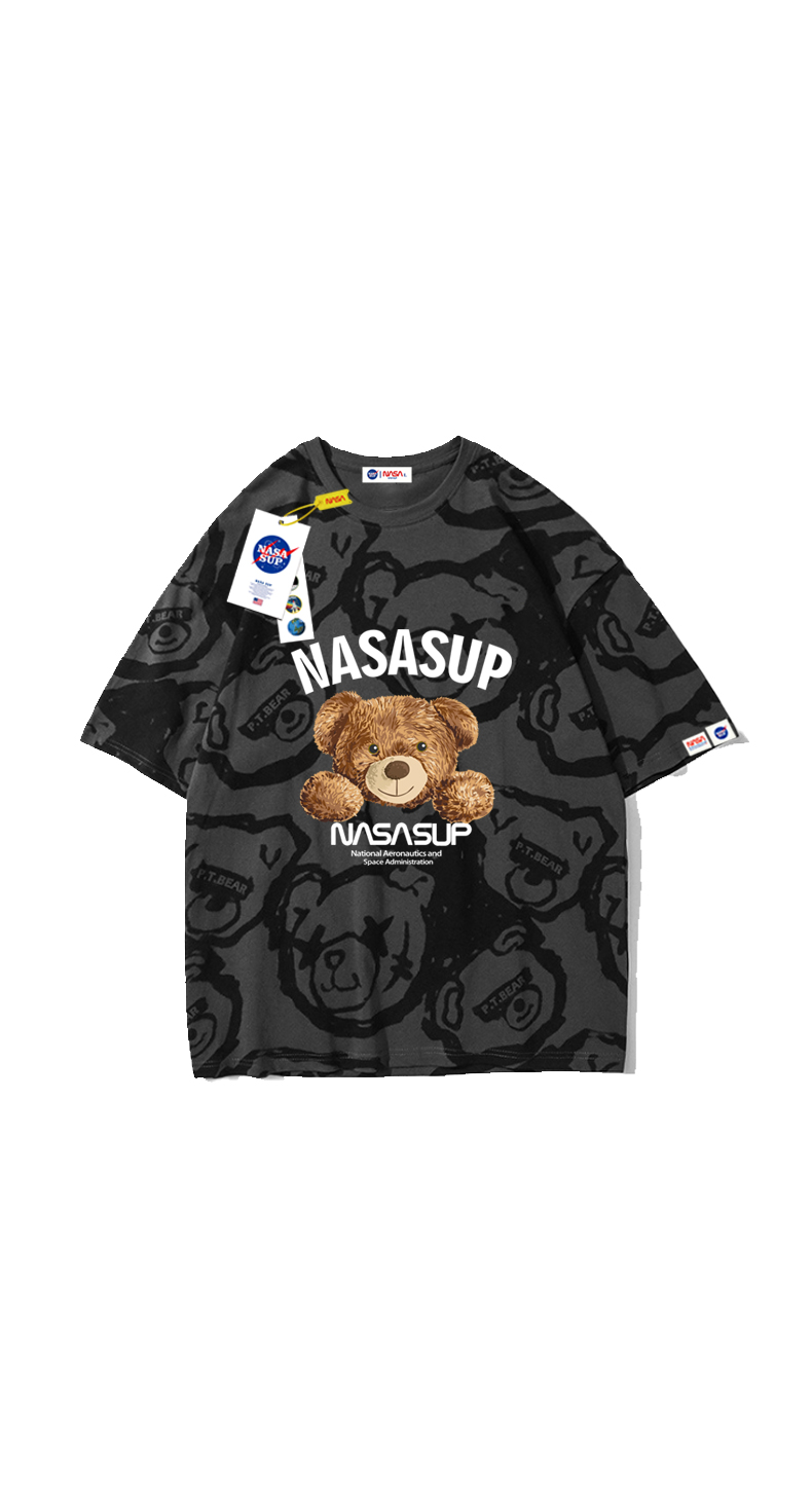展创nasasup联名官网小熊潮流宽松情侣乱花涂鸦粉色短袖t恤男3368黑色