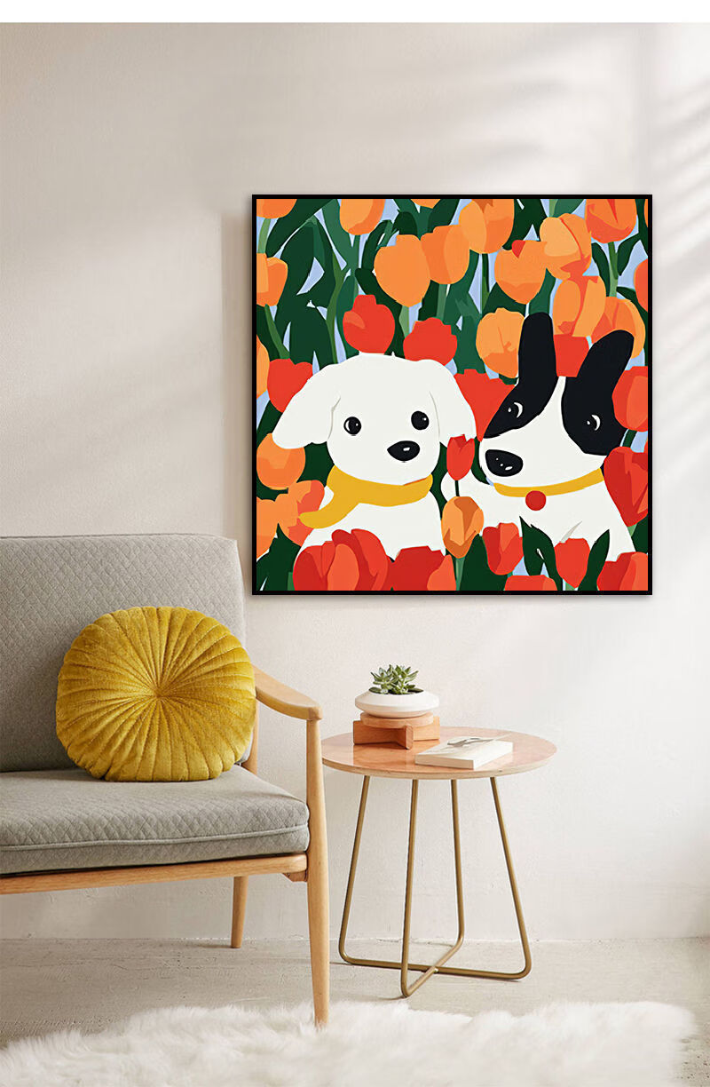 可爱鸭子卡通装饰画客厅餐厅壁画儿童房挂画狗狗一家人温馨墙画 o款