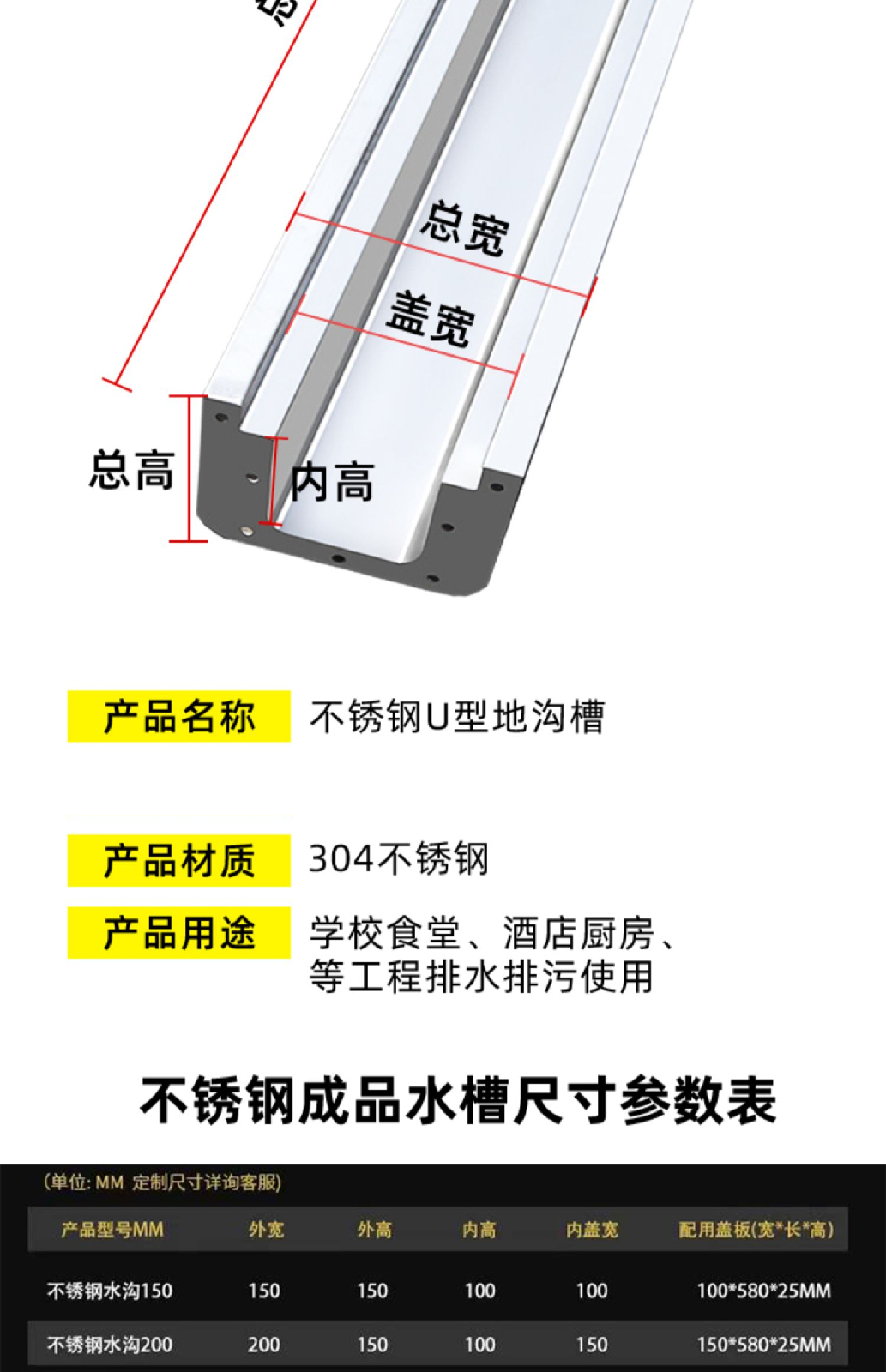 成品不锈钢排水沟u型槽厨房线型排水沟地沟水槽盖板下水道地沟槽 304