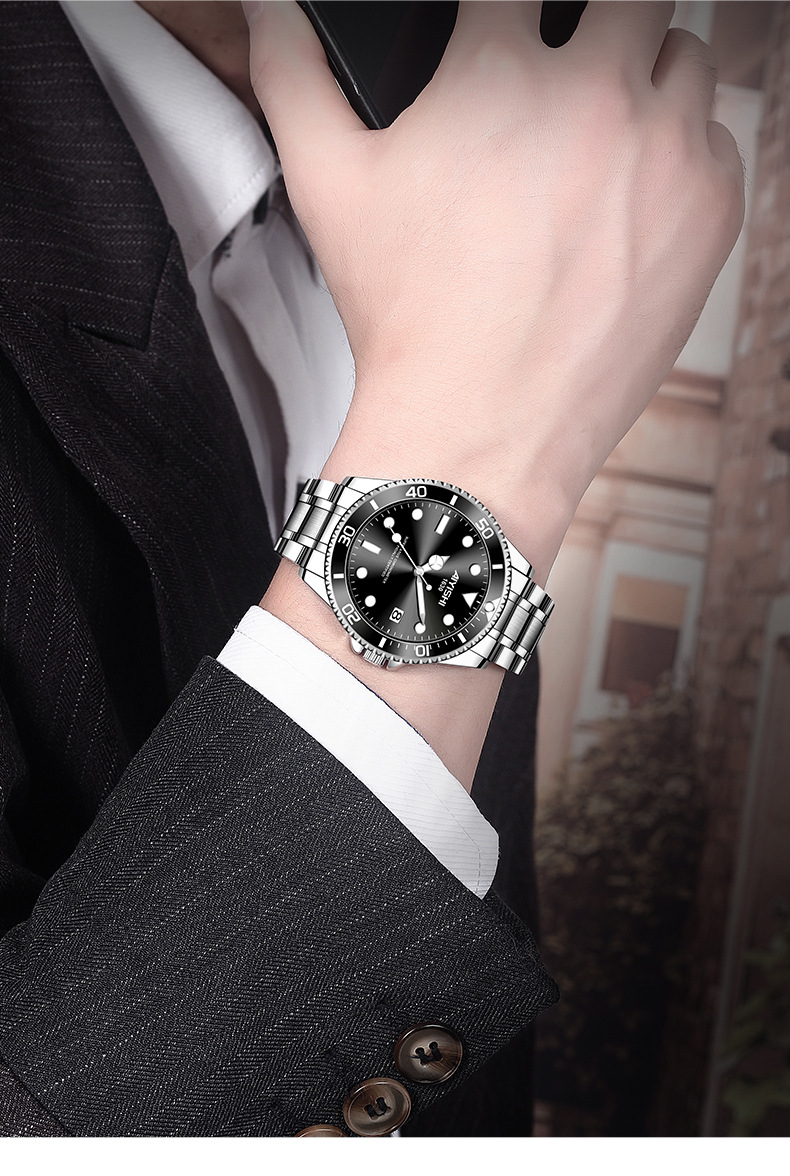 正品爱依士aiyishi 1630男士手表瑞士商务夜光绿水鬼石英男表 钢-光绿