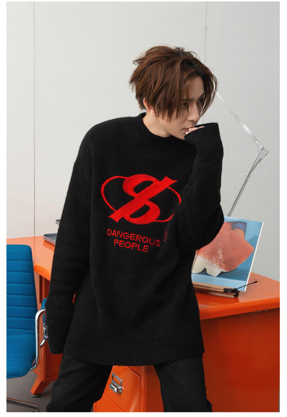 dangerouspeople 薛之谦dsp字母logo刺绣圆领潮流套头针织衫毛衣 黑色