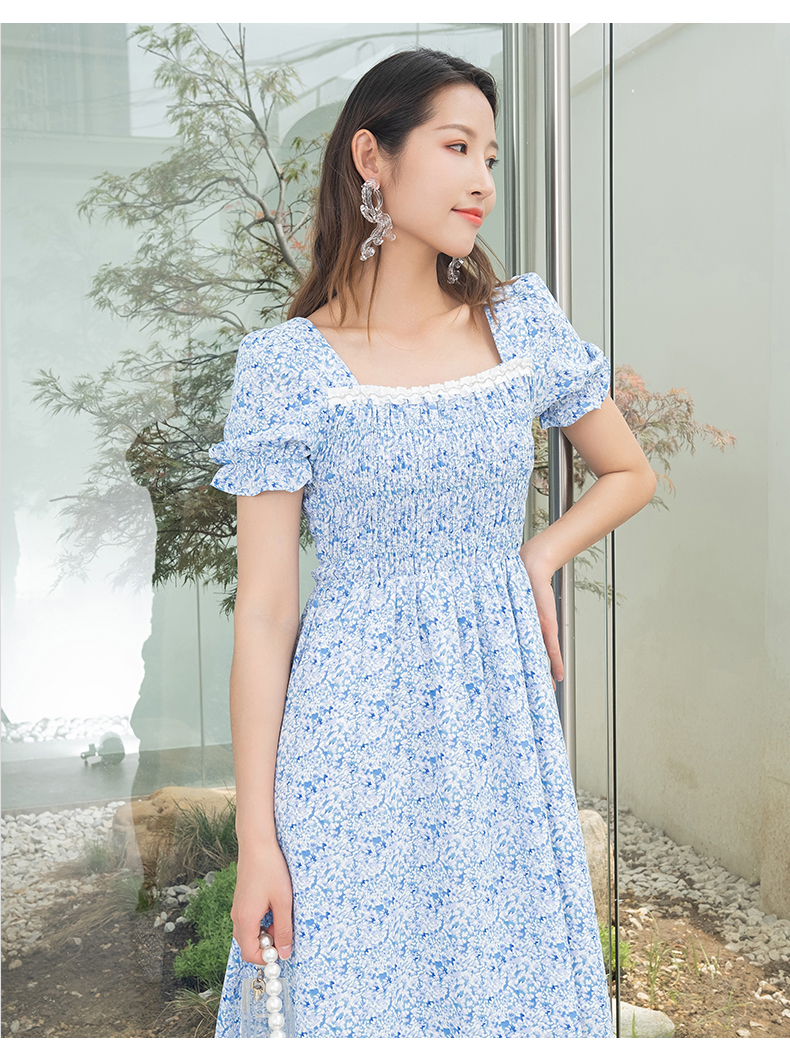 阿依莲小清新碎花连衣裙 收腰打揽设计方领中长裙夏新款 浅蓝 s【图片