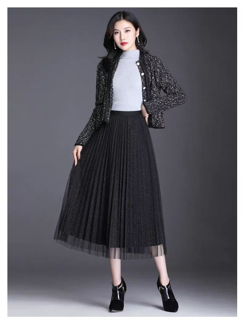 裙网纱裙百褶半身裙新款高腰垂感字裙中长款仙女裙百搭大摆裙黑色2xl