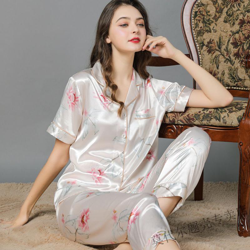 莫代尔丝绸睡衣女桑丝夏季真丝短袖套装薄款长袖春秋季冰丝家居服加大