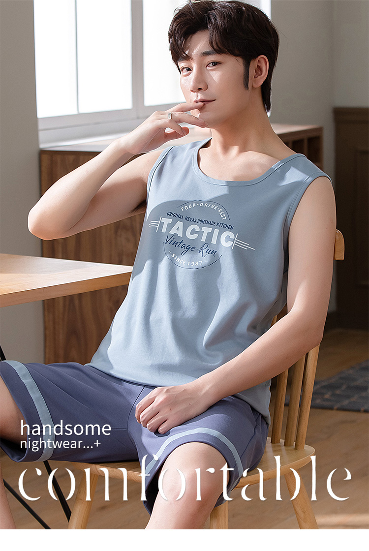 男士睡衣男夏季棉背心短裤两件套夏天休闲男款无袖家居服套装lt12002