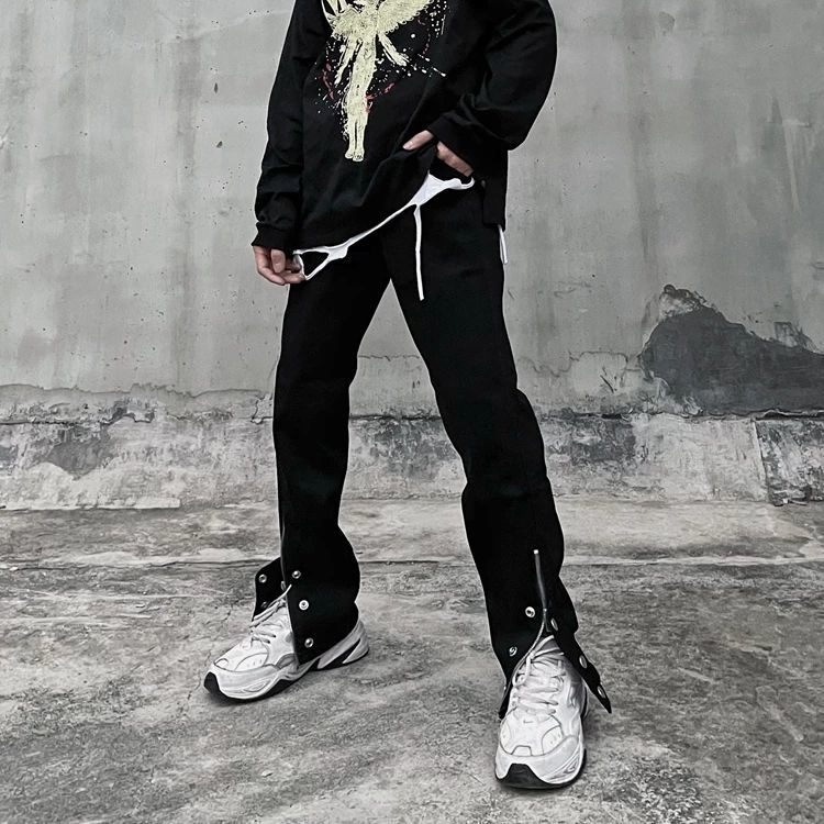 高街水洗黑色牛仔裤男修身小脚开叉排扣垂坠拖地长裤黑色622m95110