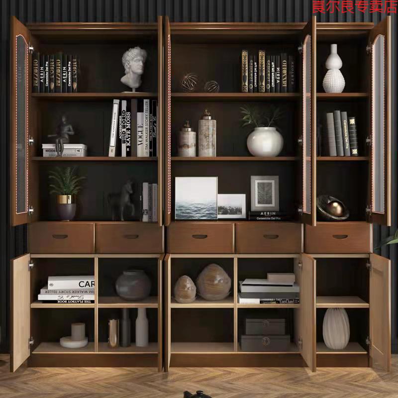 实木橡木书柜带玻璃门三门简易中式书架储物学生书橱办公室书柜 八门