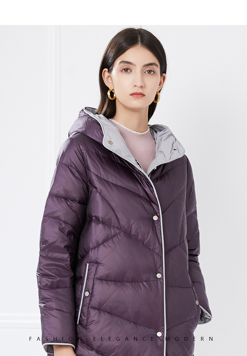 商场同款茧型卡迪黛尔鸭绒轻薄羽绒服女连帽长款春季冬新款浅紫色m