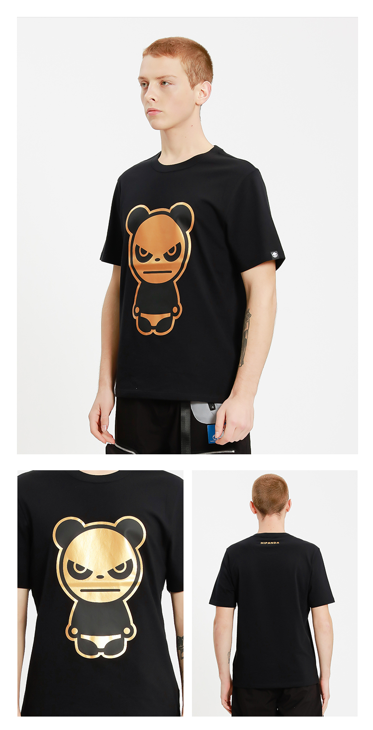 hipanda你好熊猫 t恤男式宽松经典熊猫烫金短袖t恤设计潮牌国潮男装