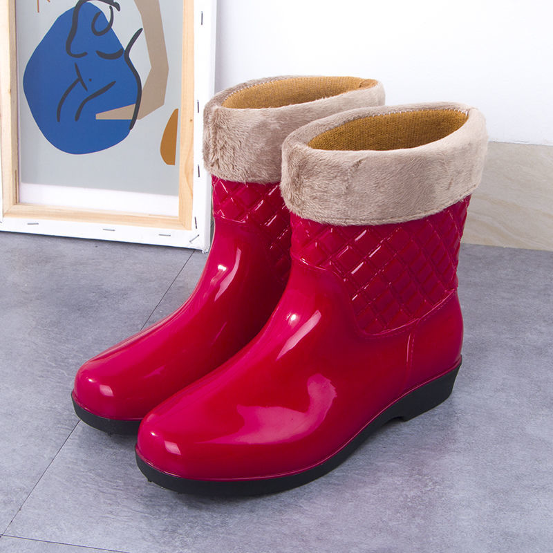 雨鞋女短筒雨靴女防水防滑加绒时尚水鞋女短筒保暖加绒胶鞋女水靴红色
