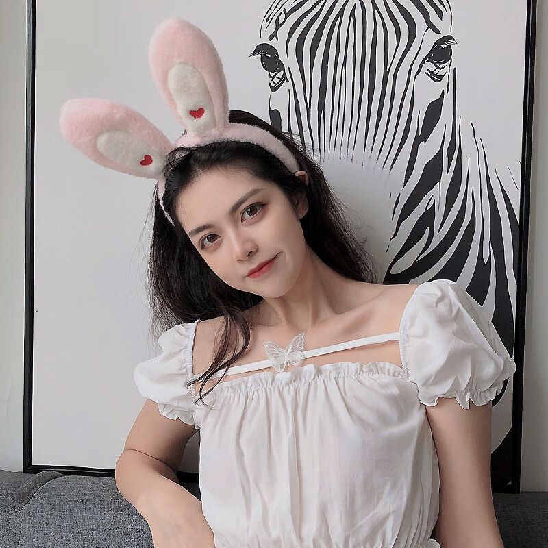 韩莱缇(hlt)韩版少女兔耳朵发箍女网红洗脸毛绒头箍秋冬新款百搭压发