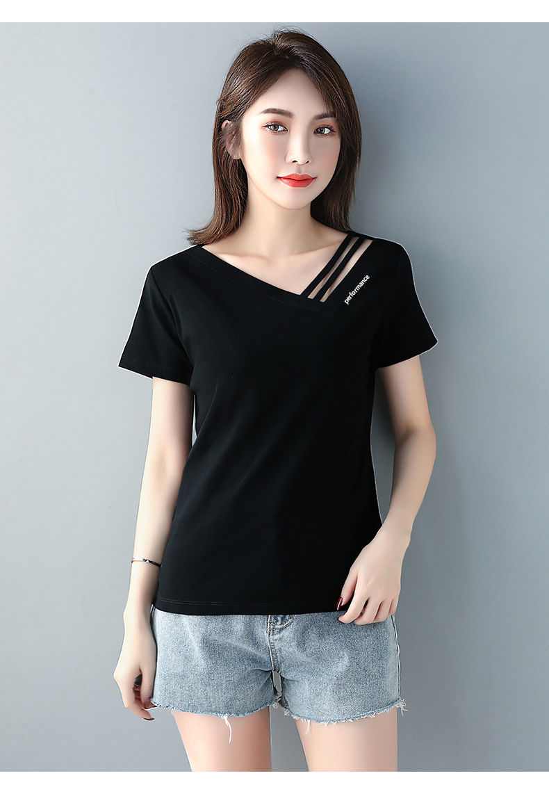 女装新款短袖女t恤衫双线条斜v领短袖t恤内搭打底衫2021新款洋气黑色