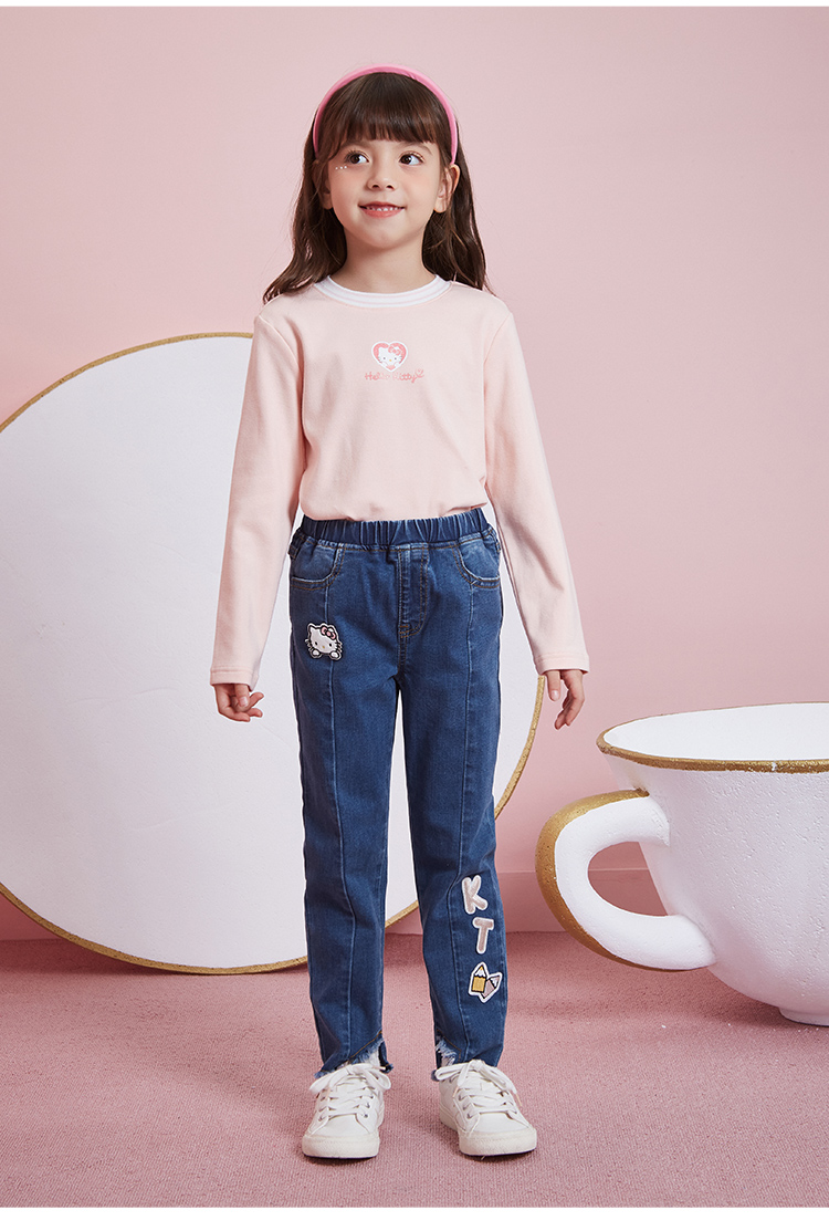 hellokitty童装2021秋冬新款女童时尚潮精美裤子中大童开叉牛仔裤 k17