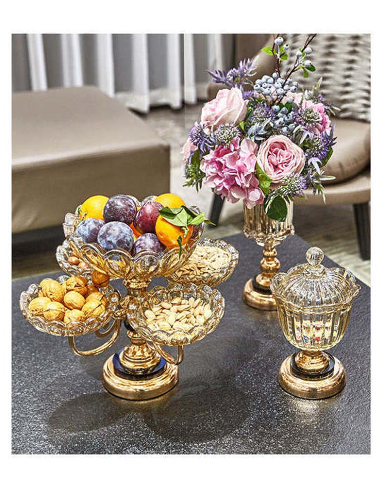 客厅茶几水果盘家用创意轻奢商务多层现代简约大容量玻璃果盘干果盘糖