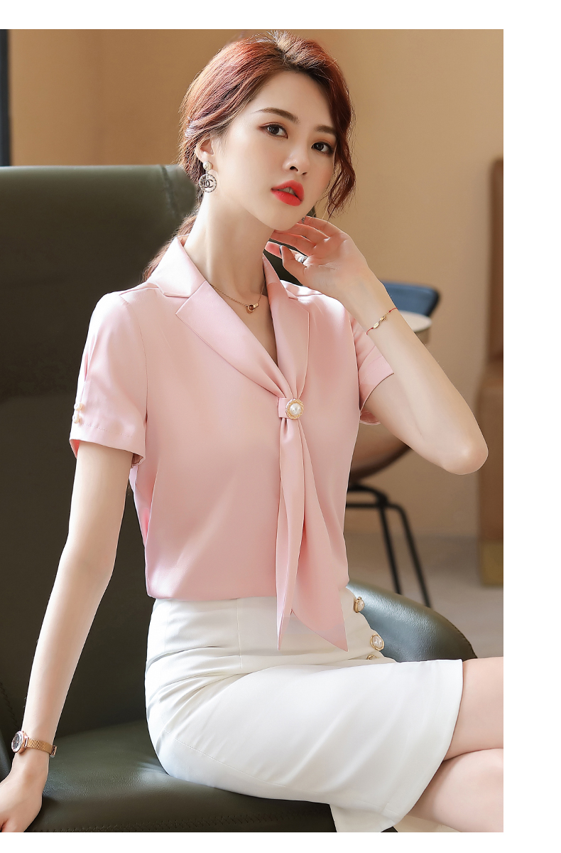 上衣2021夏季新款时尚西装领系带雪纺衫缎面气质衬衣女白色短袖衬衫m