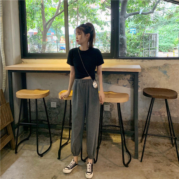 女神专属夏季百搭韩版女生短袖t恤束脚新款减龄宽松运动裤休闲套装两