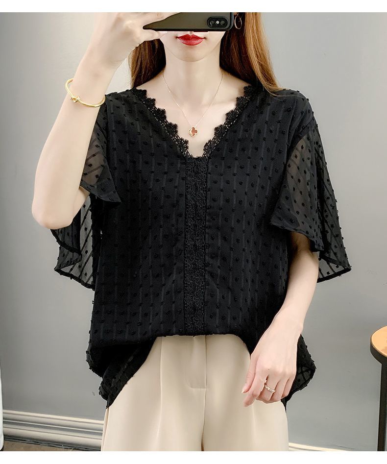 雪纺衫女蕾丝2022年夏季新款v领小清新荷叶短袖宽松加码显瘦薄款上衣