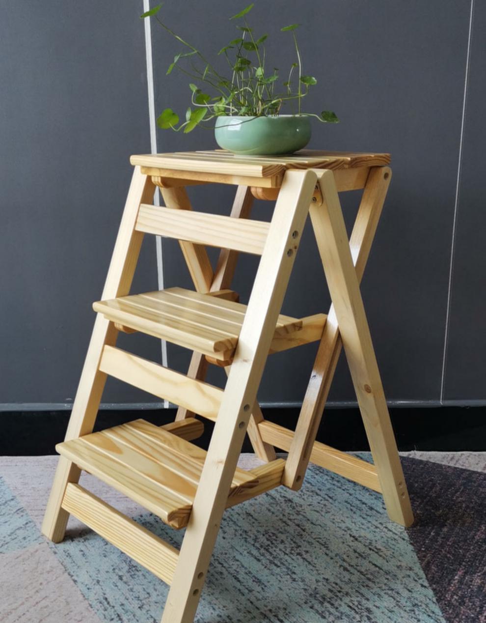 楼梯凳梯子椅子两用实木家用多功能折叠两用小梯子凳实木白色松木椅子