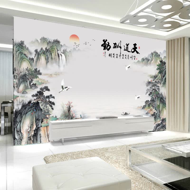 新中式水墨画客厅电视背景墙壁纸壁画客厅3d无缝墙布5d影视墙装饰w款