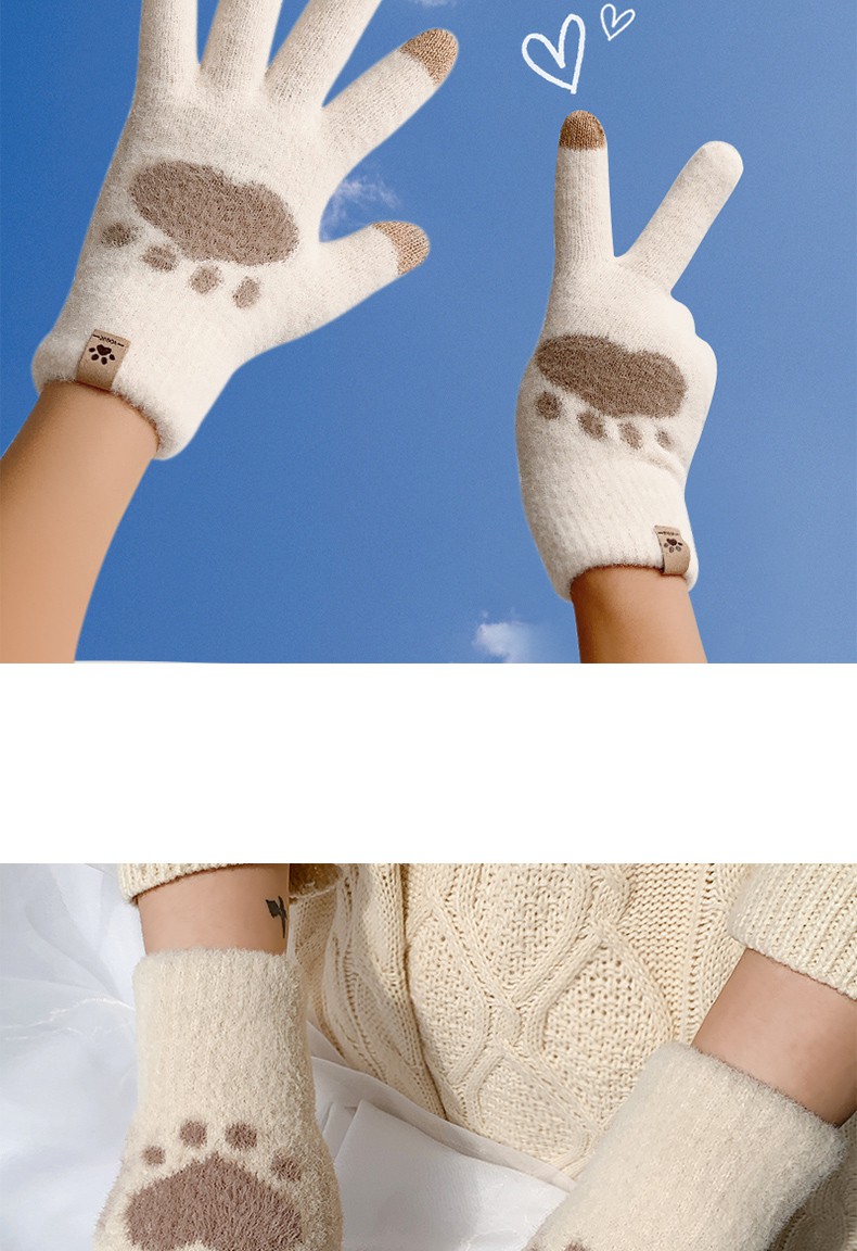 女全指韩版加厚柔软ins日系猫爪加绒触屏毛线手套网红可爱冬季保暖