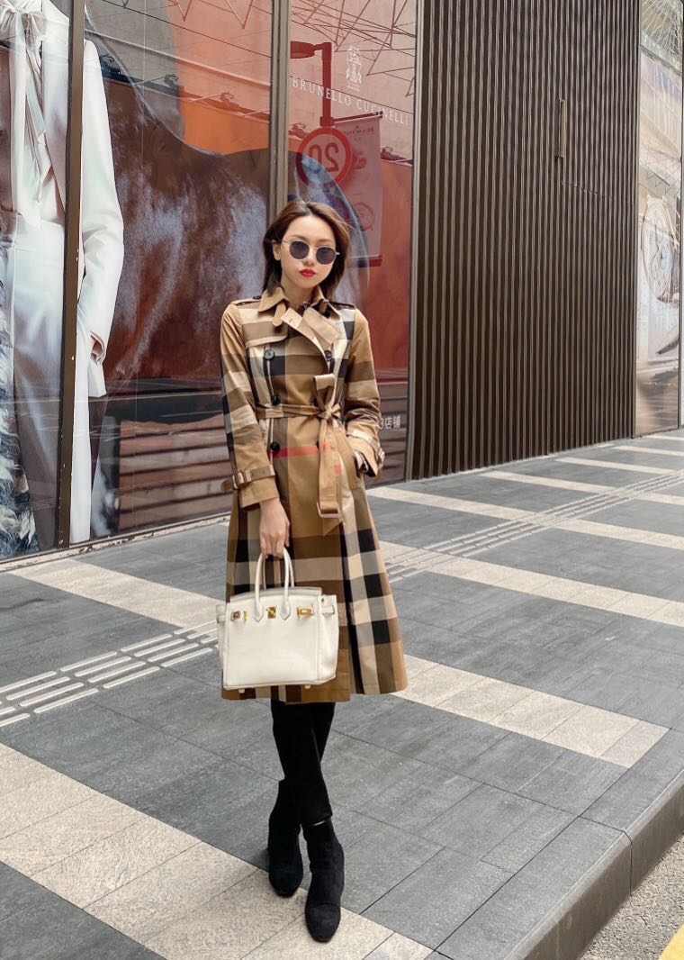奢侈品巴宝莉女装 新款 经典格子双排扣风衣长款外套 显瘦百搭 防风