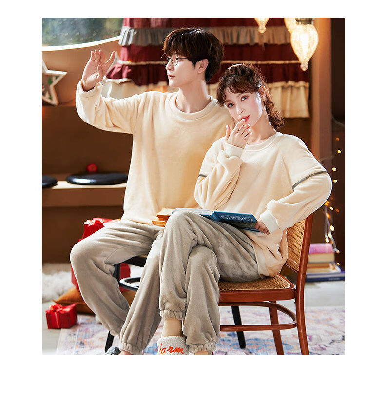 女士加厚加绒法兰绒秋士家居服套装冬t816蓝灰棕裤情侣女xl男130150斤