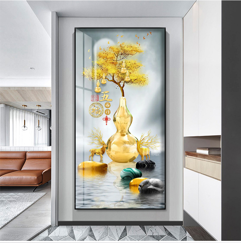 五福临门玄关画五福临门玄关装饰画新中式寓意好竖版楼梯墙壁画客厅
