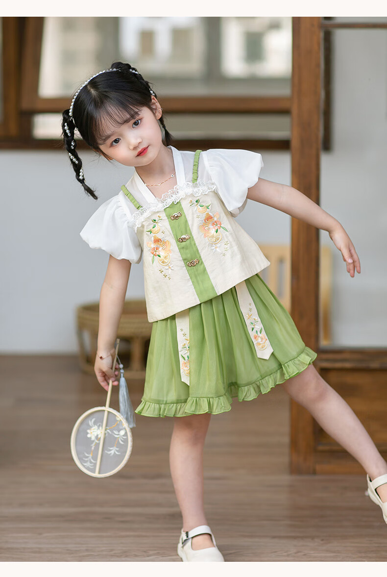 汉服女童古装两件套夏季新款中国风可爱宝宝穿搭绿公主连衣裙古代小