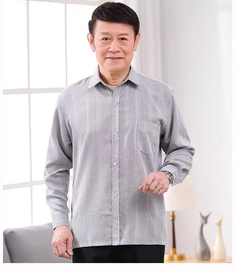 opeodly爸爸装夏季衬衫中年人男士长袖衬衣薄款宽松中老年人棉麻爷爷