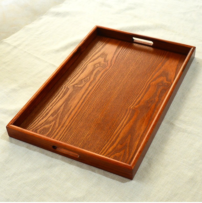 觅宝曼创意日式实木茶杯托盘长方形茶盘子茶色木盘子酒店用端菜盘烤全