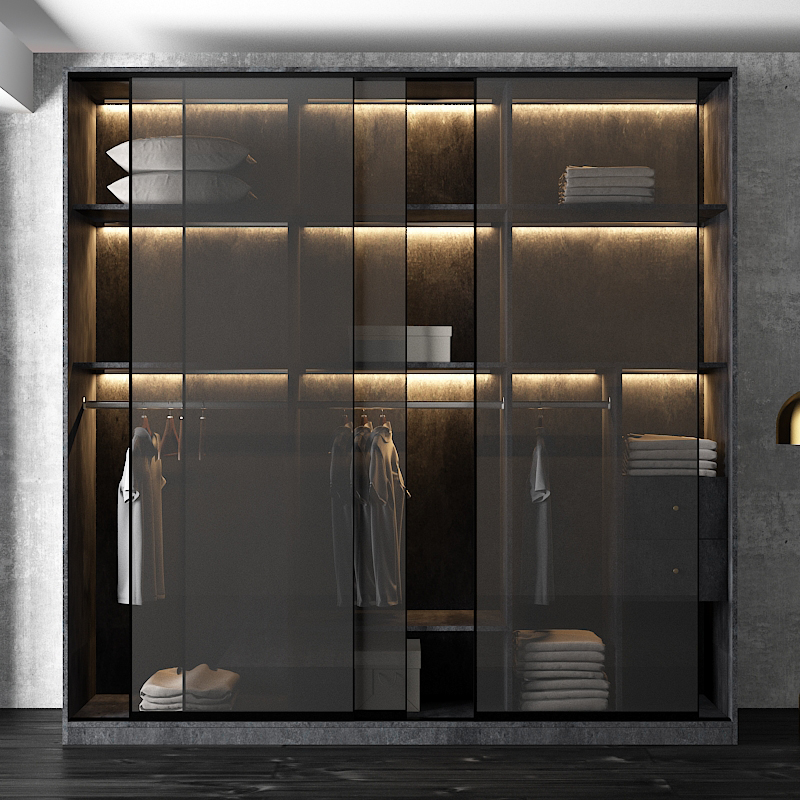 轻奢极简玻璃门家用衣柜实木推拉门滑门卧室整体衣橱定制简约大 红色