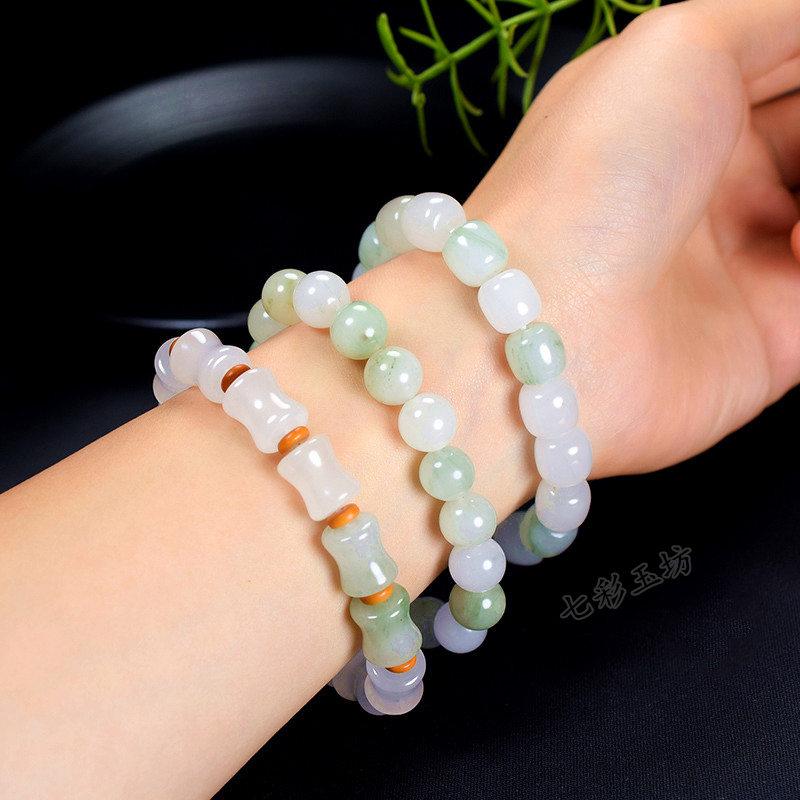 珍韵缘新疆天山翠手链女玉石手串翡翠色玉竹节老型珠圆珠单圈竹节款单