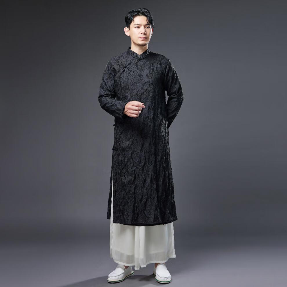 男装复古民族风气质潮男中国立领盘扣民国风长衫长袍大褂相声 白色 xl