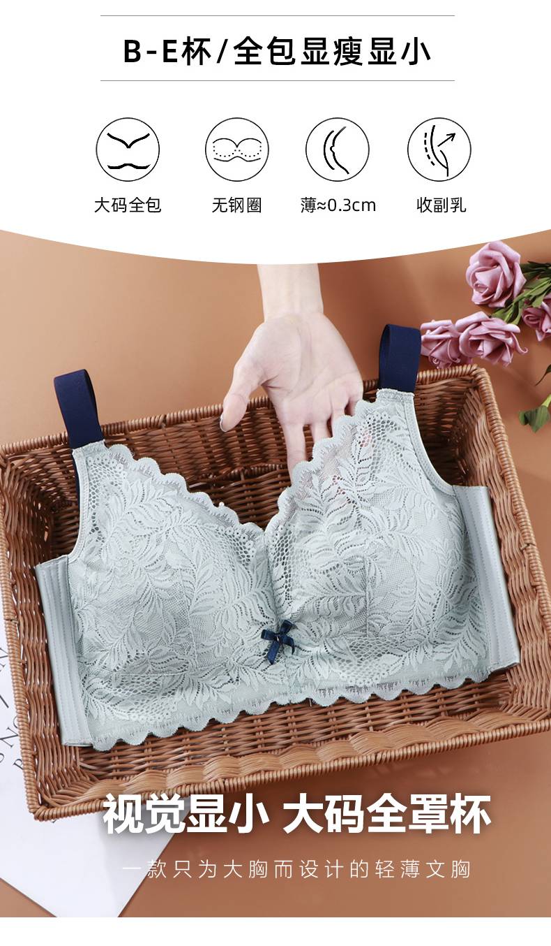 95d胖妹妹大码内衣女200斤无钢圈聚拢收副乳大胸显小文胸薄罩杯黑色