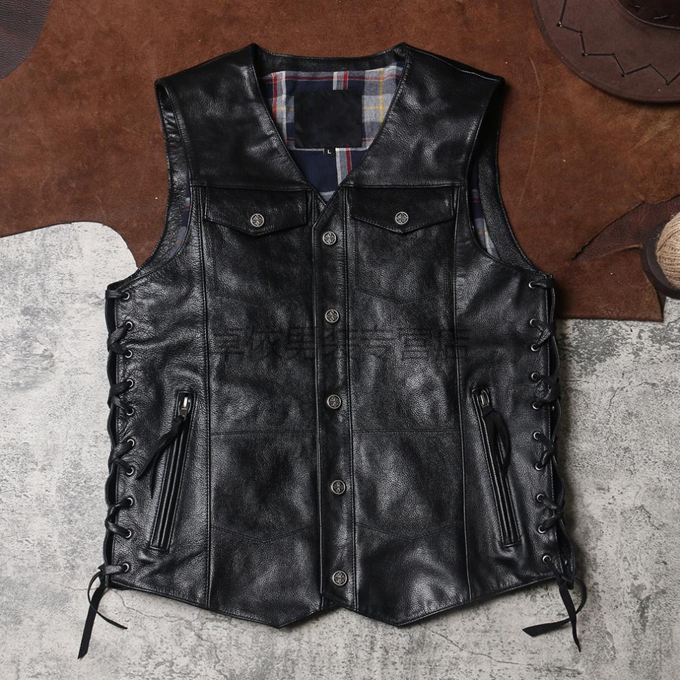 香港潮牌轻奢混乱之子马夹男士无领机车皮背心头层山羊皮无袖马甲皮