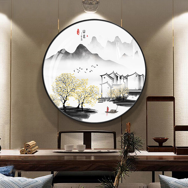 中式徽派马头墙圆形装饰中国风走廊玄关挂画客厅沙发背景墙山水画 y