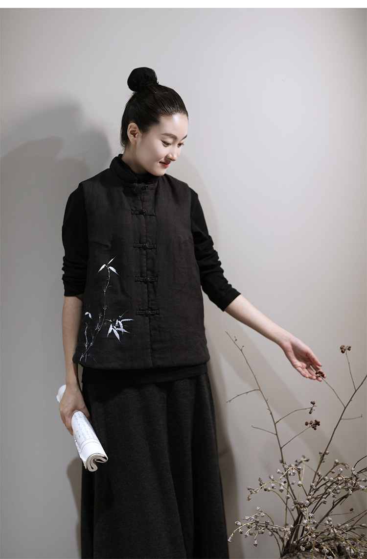 恒源祥彩羊中国风马甲女手绘中式服装唐装马甲秋冬季加厚冬装茶服女