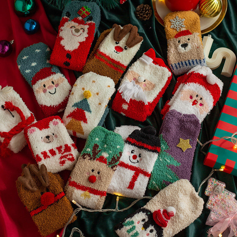 礼盒装圣诞袜珊瑚绒袜子女送礼物男情侣加厚保暖地板袜月子睡眠袜黛览