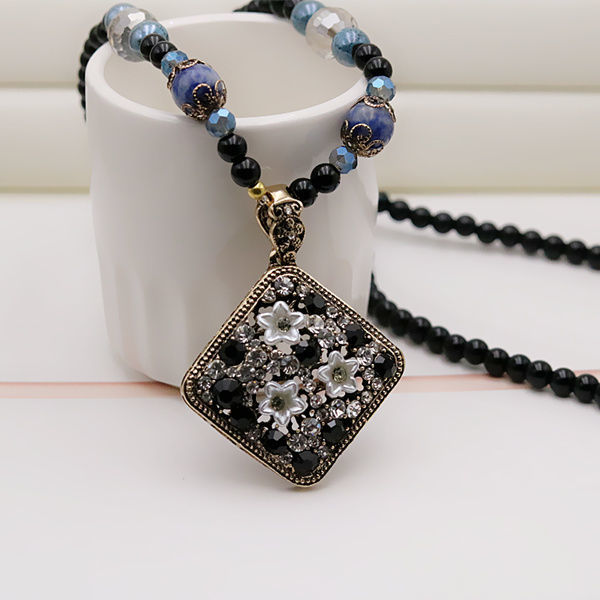 毛衣链复古民族风装饰女长项链挂饰衣服挂件百搭秋冬配饰品圆坠蓝白钻