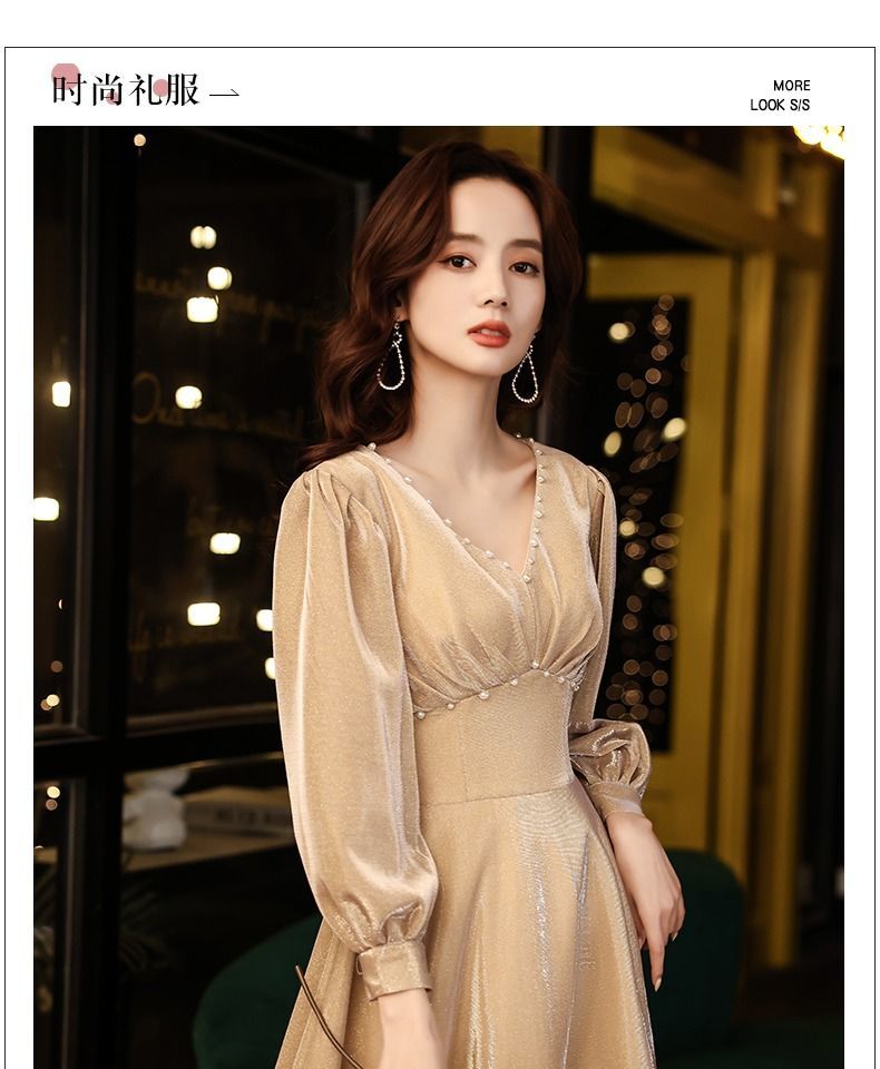 着婳香槟色长袖晚礼服女2021新款秋冬平时可穿长款优雅高端宴会名媛