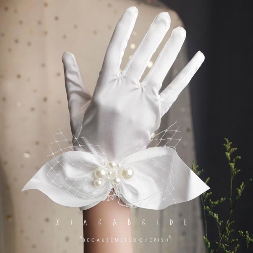 手套长款婚纱礼服全指缎面保暖白色拍照有指婚礼仪式手套乐迪纯米色5