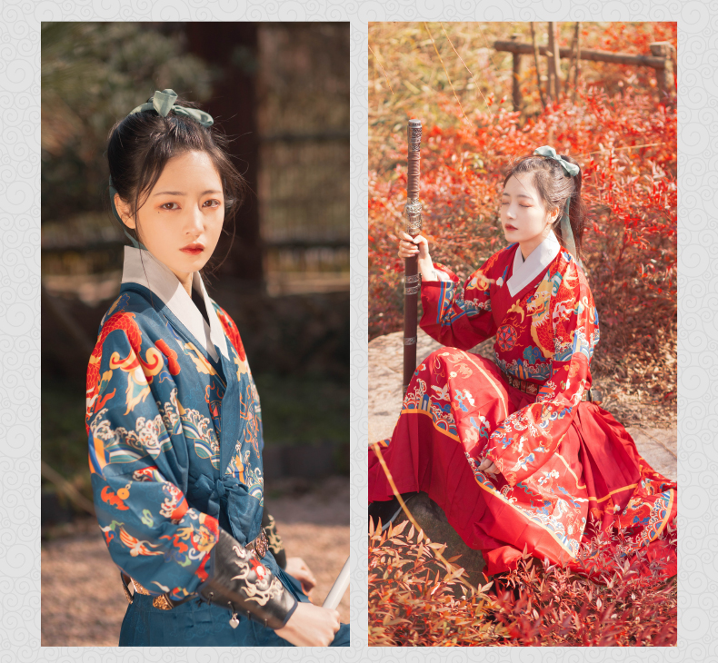 迪牧欧锦衣卫服装男汉服女贴里曳撒明制印花飞鱼服情侣款春夏红色xs