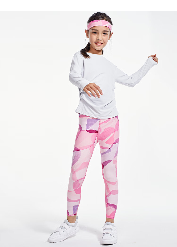 moodytiger女童瑜伽裤2021新款秋季中大童印花速干打底运动紧身裤杏