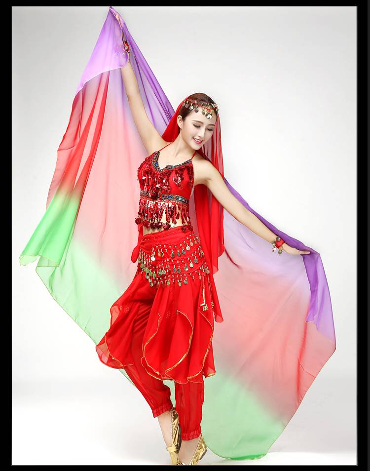 加长加宽肚皮舞纱巾彩色渐变色手纱抛纱大纱巾舞蹈演出大丝巾 蓝黄玫