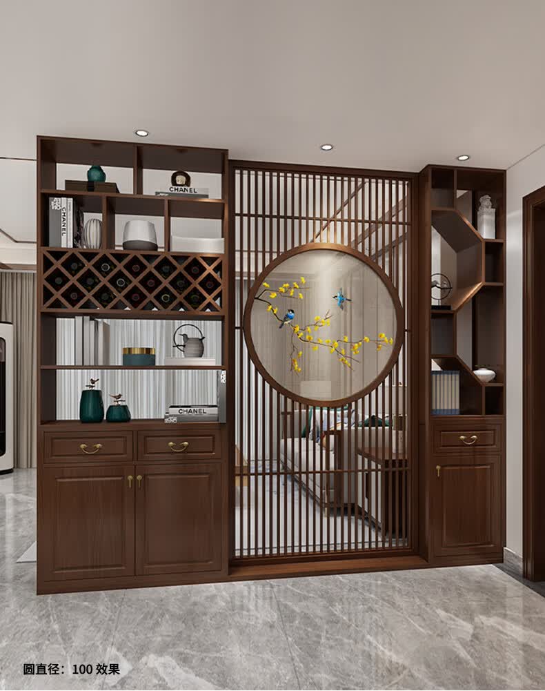 资瑞轻奢品牌新中式实木入户玄关柜简约刺绣屏风客厅隔断门厅餐厅酒柜